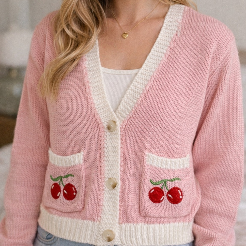 Charming Pink Cherry Knit Cardigan